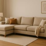 Een beige hoekbank in een modern woonkamerinterieur.