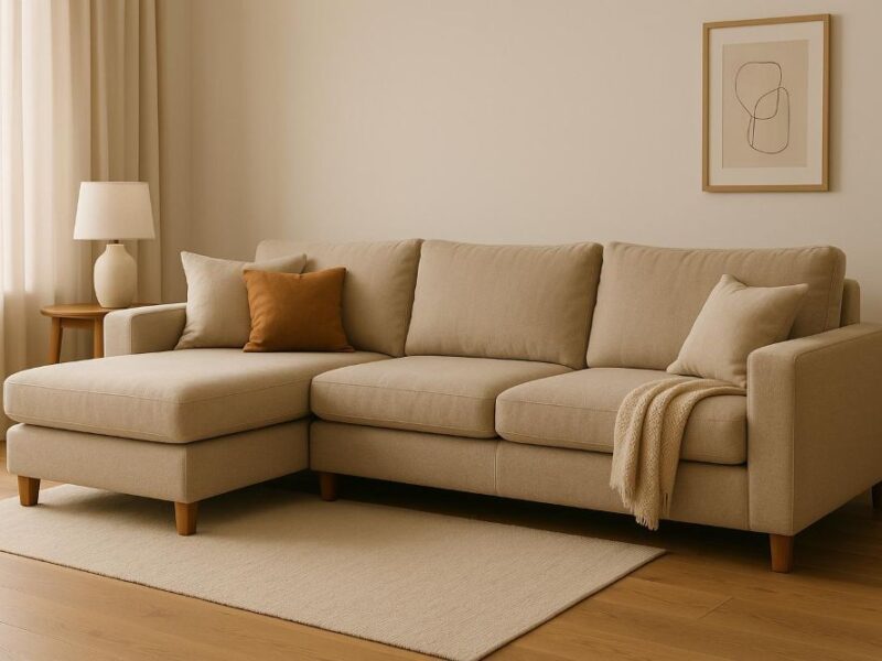 Een beige hoekbank in een modern woonkamerinterieur.