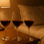 Drie halfvolle glazen rode wijn staan op een nachtkastje naast een bed